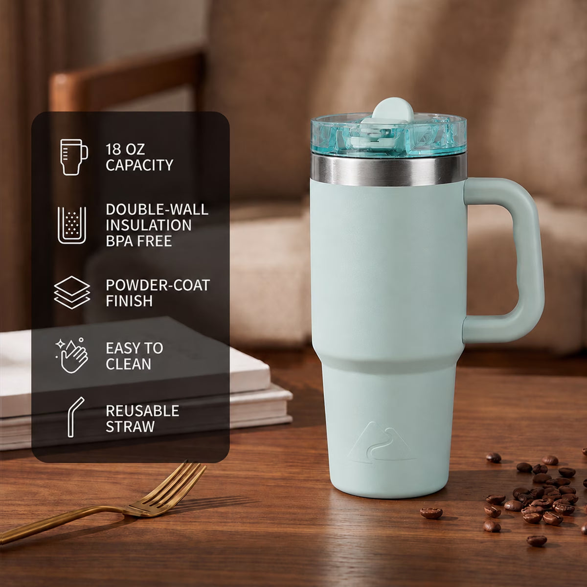 18oz Insulated Stainless Steel Travel Tumbler with Handle and Flip Straw Lid
