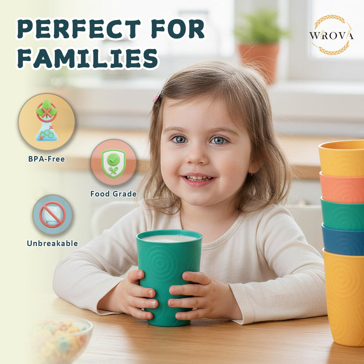 Wheat Straw Cups,12oz Plastic Cups for Kids,Drinking Glasses Set of 8
