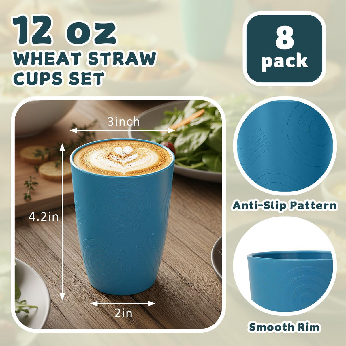 Wheat Straw Cups,12oz Plastic Cups for Kids,Drinking Glasses Set of 8