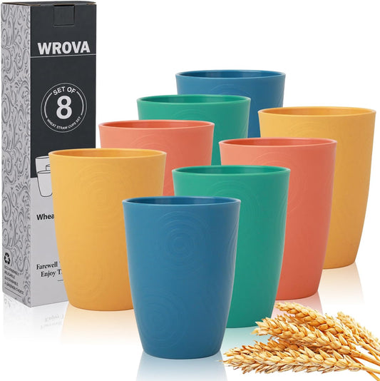 Wheat Straw Cups,12oz Plastic Cups for Kids,Drinking Glasses Set of 8